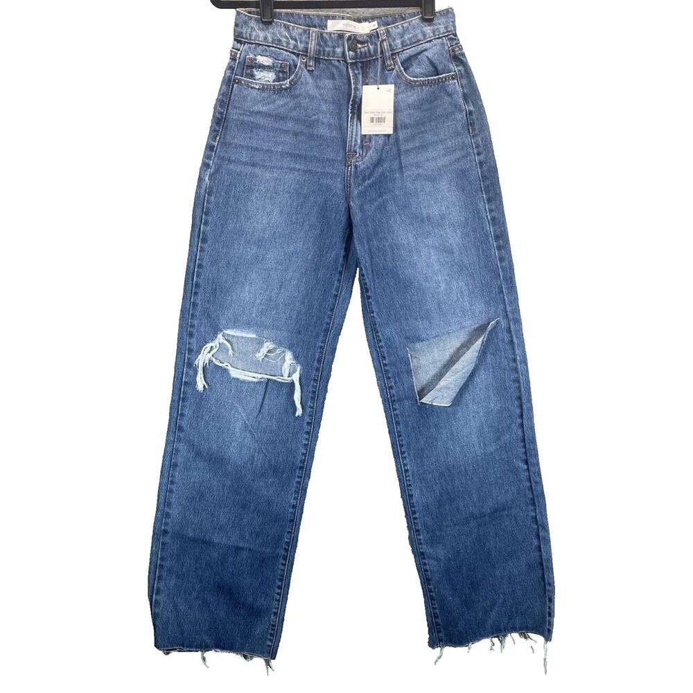 New Hidden Logan Dad Jean Women’s Sz 26 Dark Wash Raw Hem Y2K Distressed‎